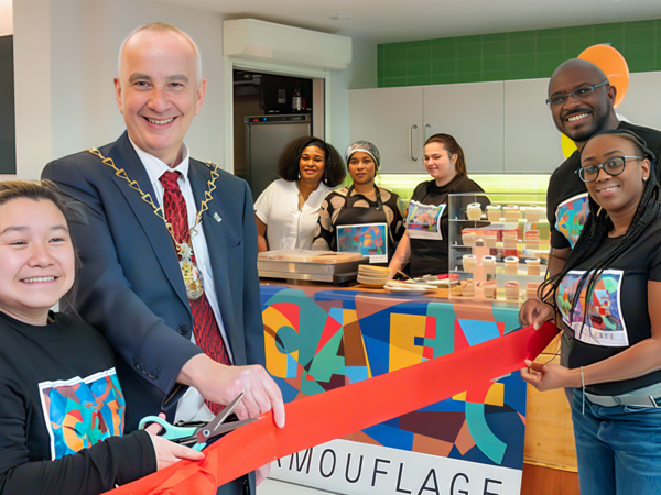 The launch of Camouflage Café at the Moorings Sociable Club in Thamesmead which welcomed local residents, café staff and Greenwich Mayor, Councillor Leo Fletcher.